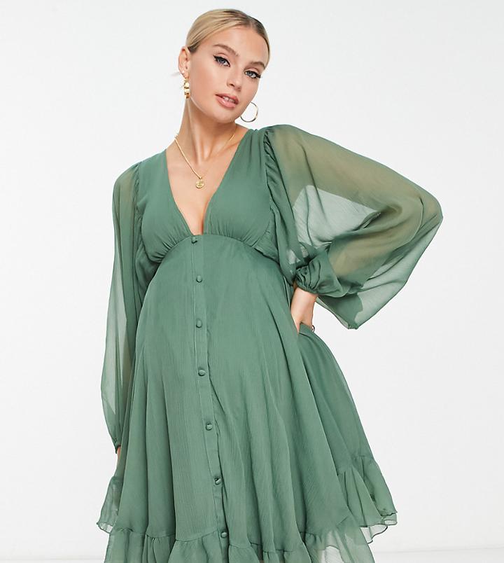 Asos Design Maternity Button Detail Mini Dress With Blouson Sleeve In Sage-green