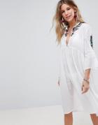 Liquorish Midi Beach Cover Up Dress With Arm Embroidery - White