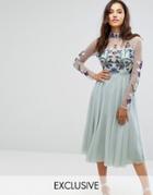 Maya Long Sleeved Midi Dress With High Neck And Placement Embellishment - Blue