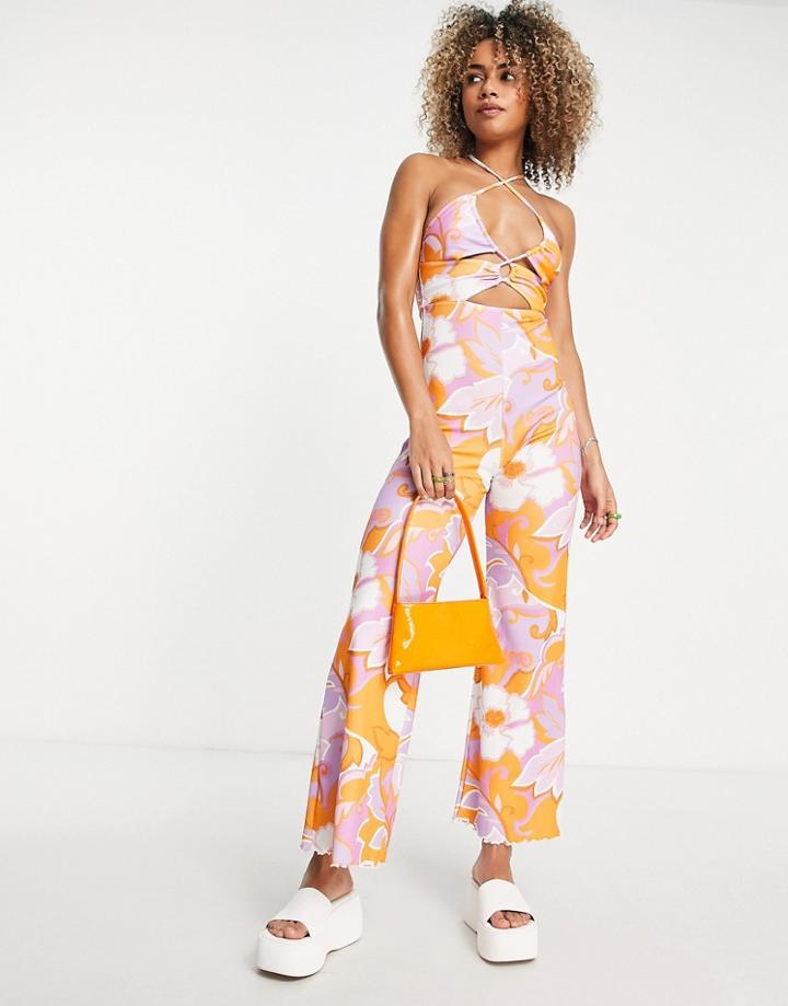 Asos Design Rib Halter Cut Out Jumpsuit In Retro Floral-multi