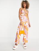 Asos Design Rib Halter Cut Out Jumpsuit In Retro Floral-multi