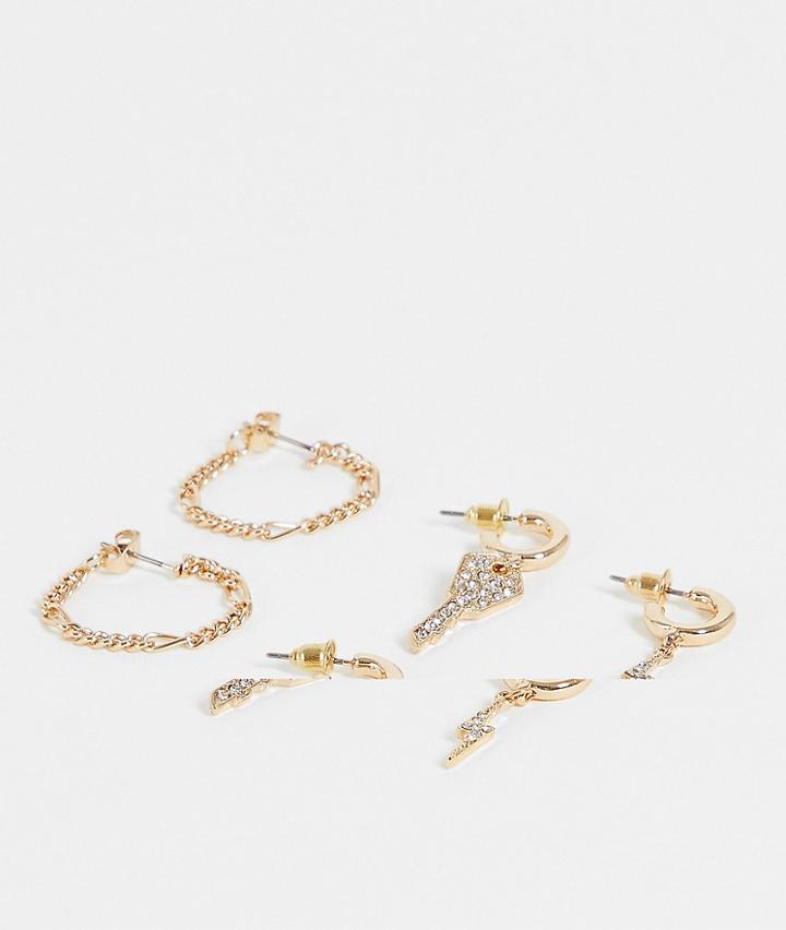 Topshop Pack Of 3 Pave Lightening Earrings In Gold