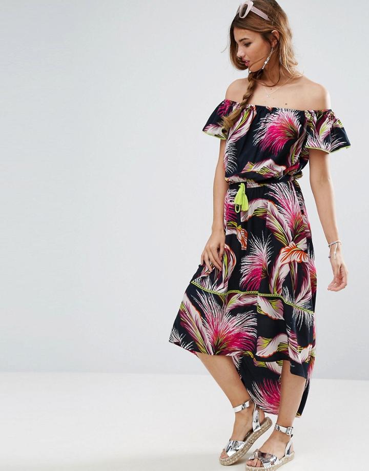 Asos Tropical Print Off Shoulder Maxi Dress With Dipped Hem - Multi