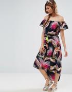 Asos Tropical Print Off Shoulder Maxi Dress With Dipped Hem - Multi