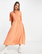 Monki Asta Recycled Button Front Midi Dress In Orange-red