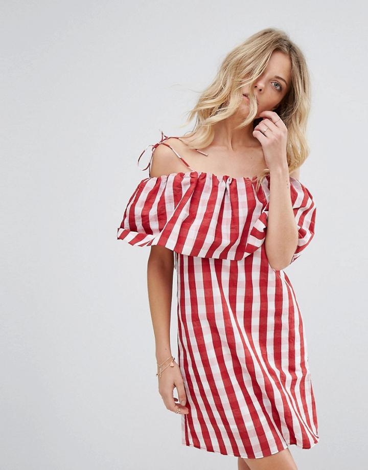 Mango Gingham Bardot Smock Dress - Red