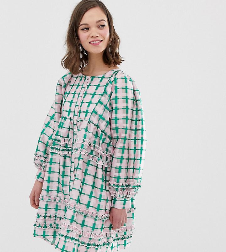 Sister Jane Oversized Smock Dress With Ruffle Detail In Grid Check - Pink