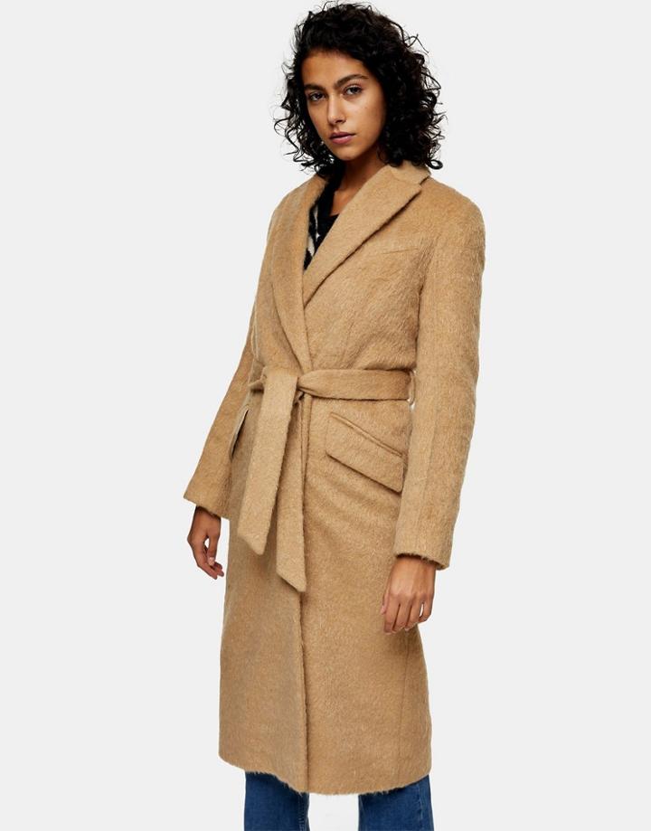 Topshop Belted Wool Coat In Camel-brown