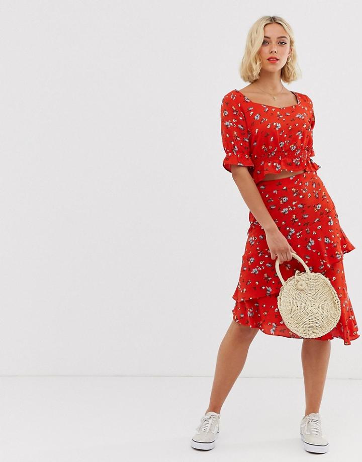 Pieces Floral Midi Skirt With Frill Detail - Red