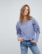 Bershka Asymmetric Ruffle Stripe Blouse - Blue