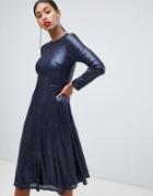 Tfnc Long Sleeve Fit And Flare Sequin Midi Dress In Navy - Navy