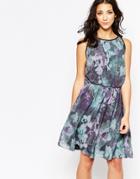 Ichi High Neck Floral Skater Dress - Navy