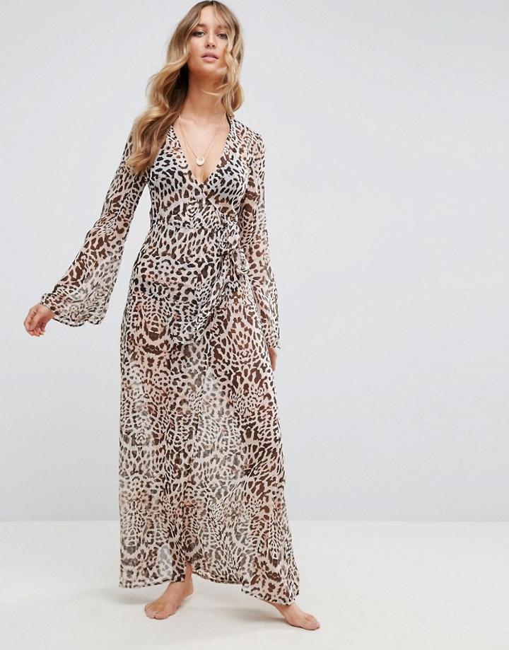 Asos Beach Maxi Kimono Cover Up In Leopard Print - Multi