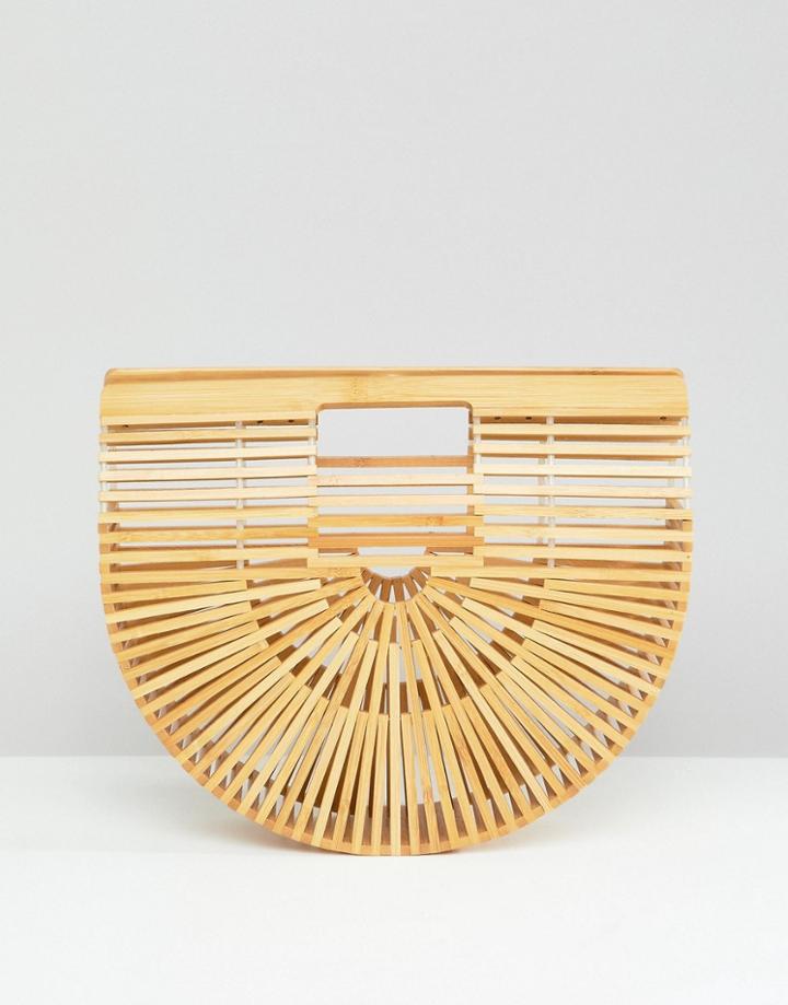 South Beach Natural Wooden Slatted Clutch Bag - Beige
