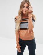 Asos Ruffle Sweater With Placed Stripe - Brown