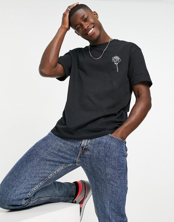 Selected Homme Organic Cotton Oversized T-shirt With Rose Chest Embroidery In Black