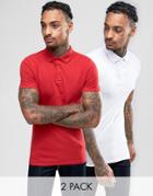 Asos 2 Pack Extreme Muscle Pique Polo Shirt In White/red Save - Multi