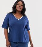 Asos Design Curve Tipped V Neck T-shirt In Blue