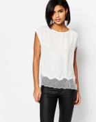 Selected Faba Top With Lace Trim - Snow White