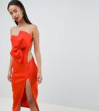 Asos Design Tall Bow Front Mesh Side Midi Dress - Orange