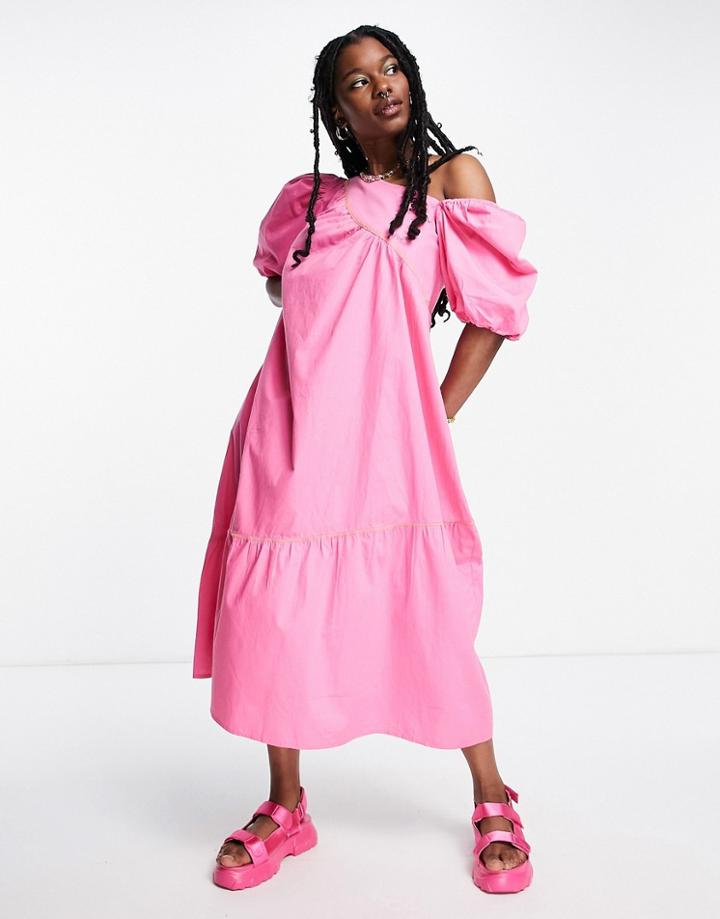 Native Youth Poplin Maxi Smock Dress With Contrast Binding-pink