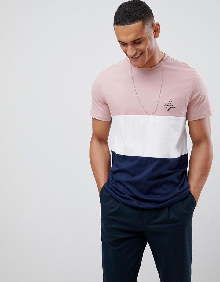 New Look T-shirt With Brooklyn Embroidery In Pink Color Block - Pink