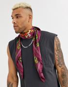 Asos Design Recycled Poly Satin Scarf In Burgundy With Tiger Print-red
