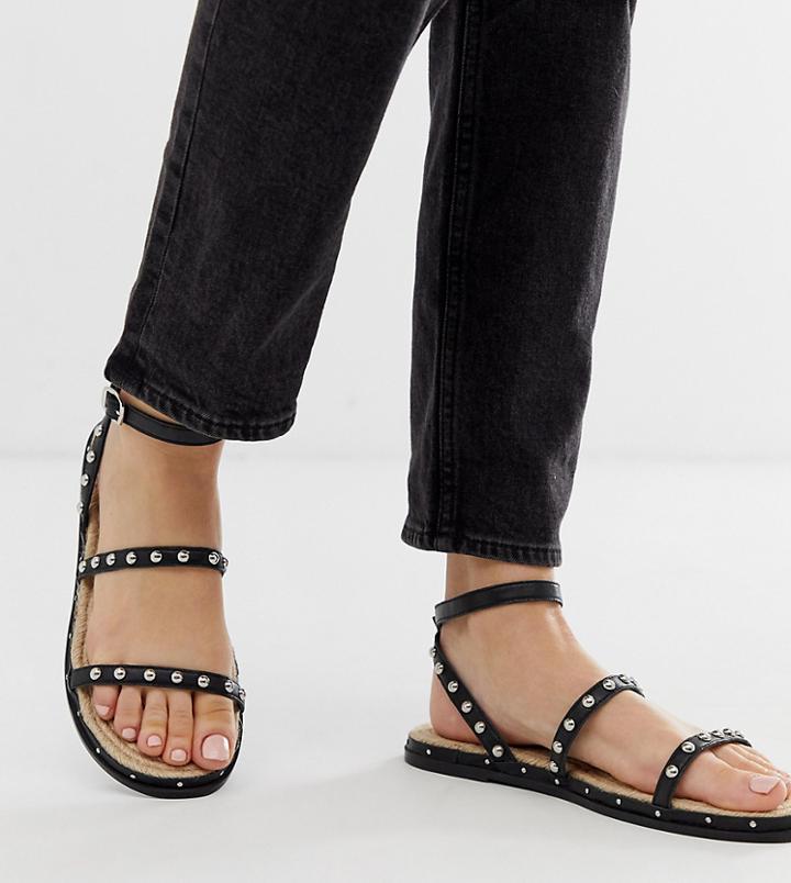 Asos Design Wide Fit Juliette Premium Leather Studded Espadrilles-black