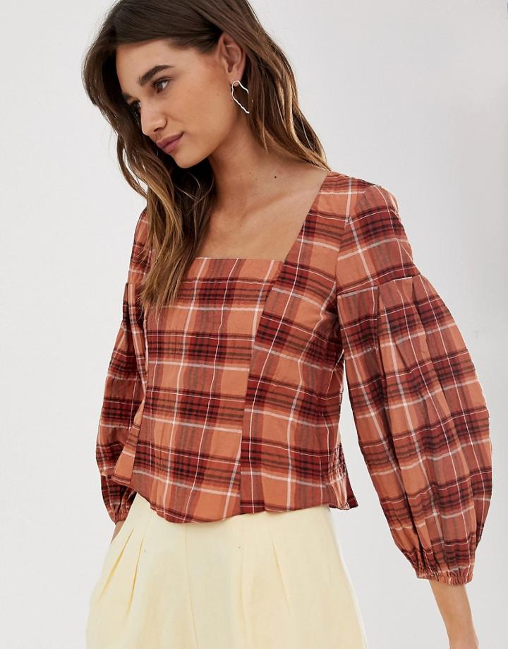 Asos White Orange Check Square Neck Top
