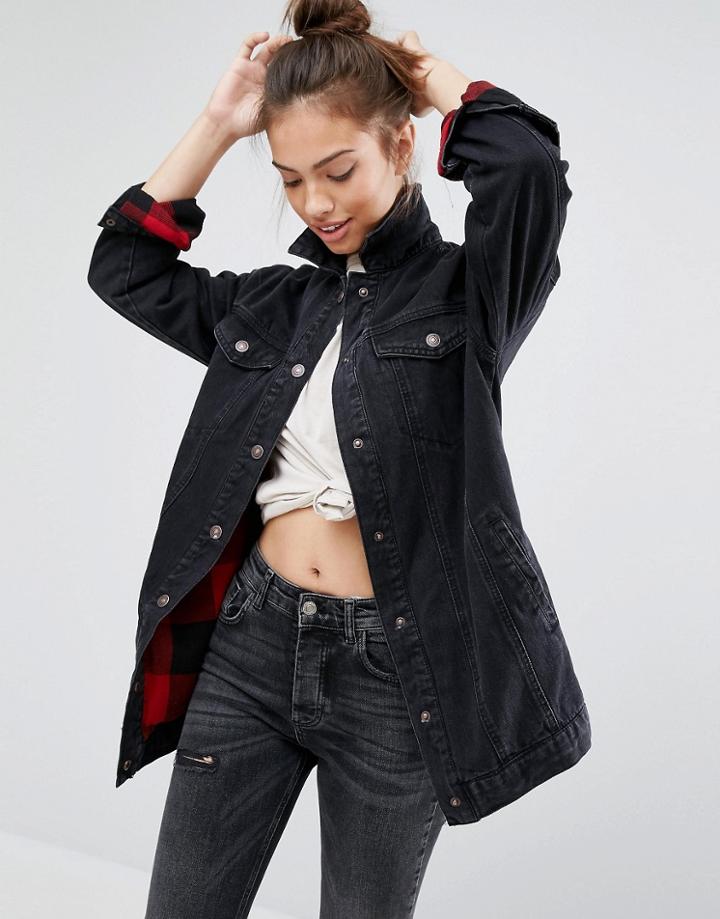 Pull & Bear Oversized Denim Jacket With Checked Lining - Black