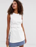 Asos Design Denim Longline Tank Top With Belt In White - White