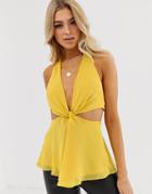 Asos Design Knot Front Halter Neck Top With Cut Out Detail-yellow
