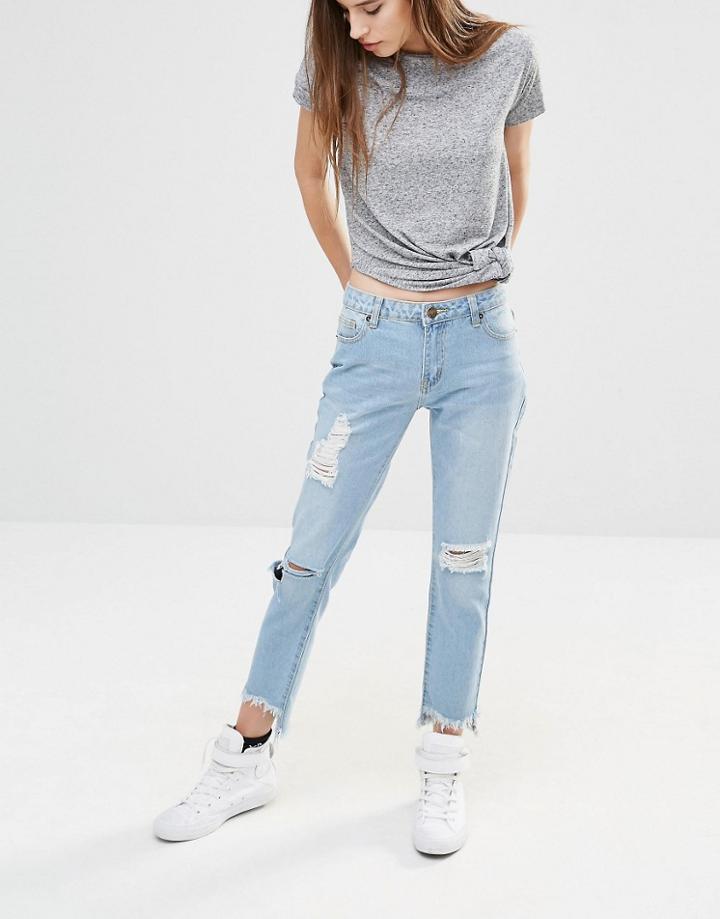 Liquor & Poker Stepped Hem Ankle Grazer Super Boyfriend Jeans With Distressing - Mid Wash Blue