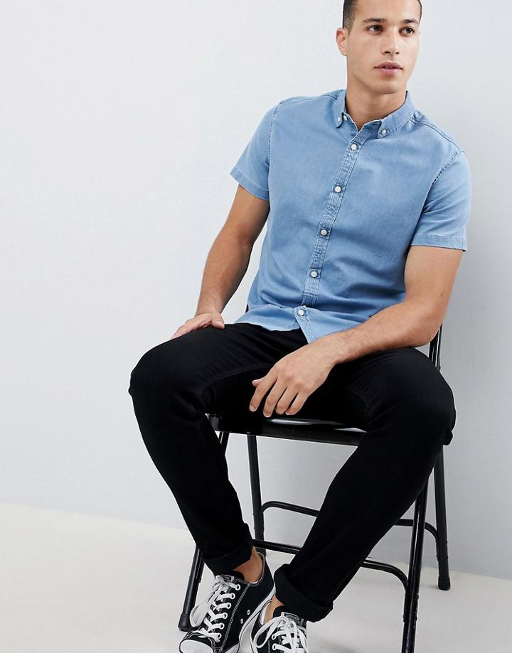 Next Slim Fit Denim Shirt In Bleach Wash - Blue