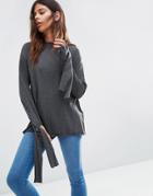 Asos Top In Longline With Long Sleeve And Tie Cuff Detil - Gray