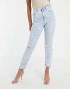 Asos Design Farleigh High Waisted Slim Mom Jeans With Rips In Light Vintage Acid Wash