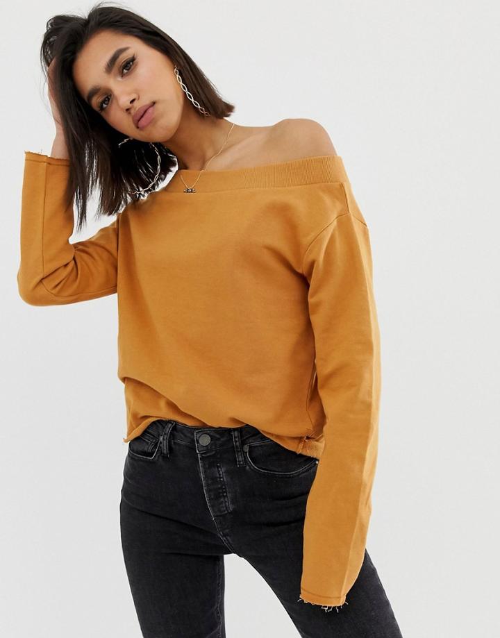 Asos Design Off Shoulder Sweatshirt With Raw Edges In Beige-cream