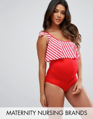 Gebe Maternity Nursing One Shoulder Frill Swimsuit - Red