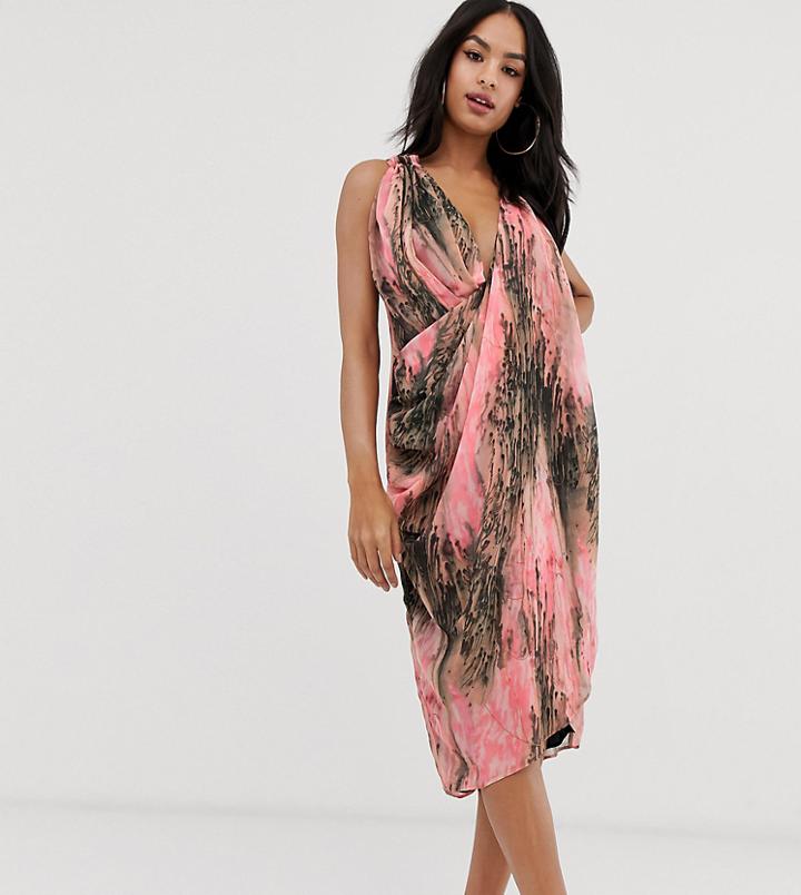 Asos Design Drape Front Midi Dress In Abstract Print - Multi