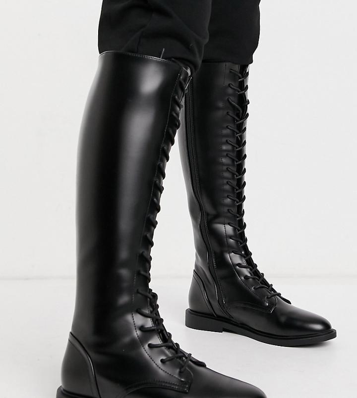 Asos Design Wide Fit Cassie Smart Lace Up Knee Boots In Black