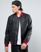 Asos Faux Leather Bomber Jacket With Contrast Rib In Black - Black