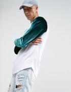 Asos Longline Long Sleeve T-shirt With Velour Raglan Sleeves And Curve Hem - White