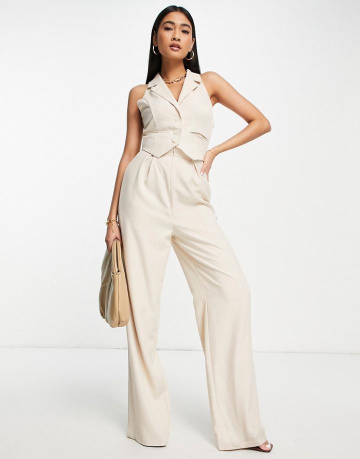 Asos Design 2-in-1 Suit Vest Jumpsuit With Flare Leg In Stone-neutral