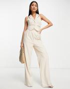 Asos Design 2-in-1 Suit Vest Jumpsuit With Flare Leg In Stone-neutral