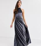 Asos Design Tall Velvet Halter Waisted Pleated Maxi Dress-silver