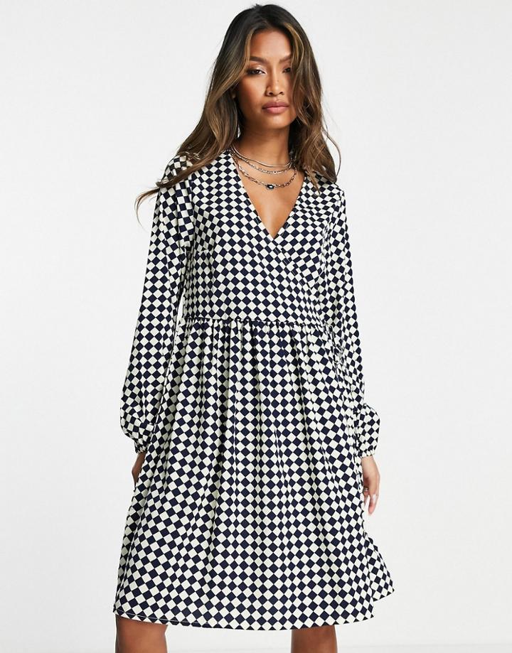 Vila Long Sleeve V Neck Midi Wrap Dress In Cream Gingham-white