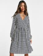 Vila Long Sleeve V Neck Midi Wrap Dress In Cream Gingham-white