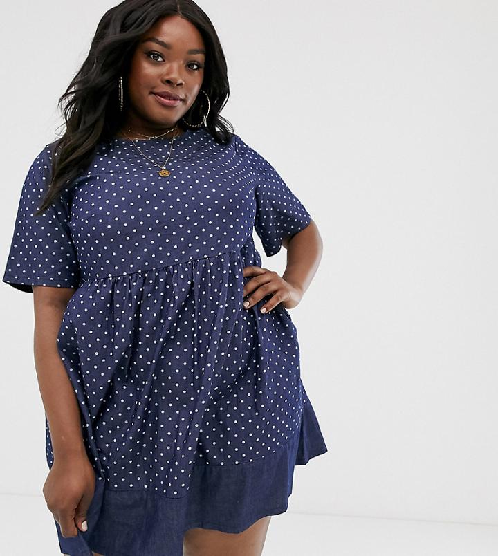 Simply Be Denim Smock Dress In Blue Polka Dot