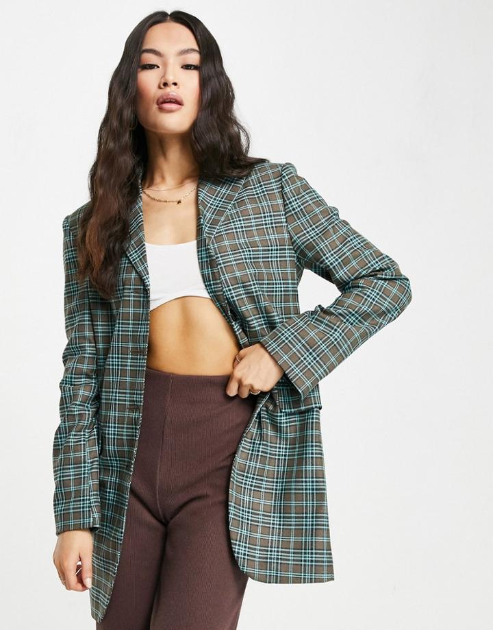 Asos Design High Break Point Suit Blazer In Green And Brown Check-multi