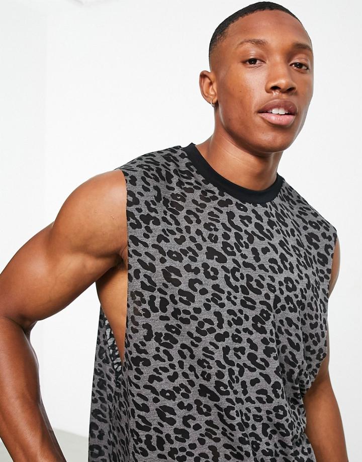 Asos Design Oversized Tank Top In Animal Burnout-black